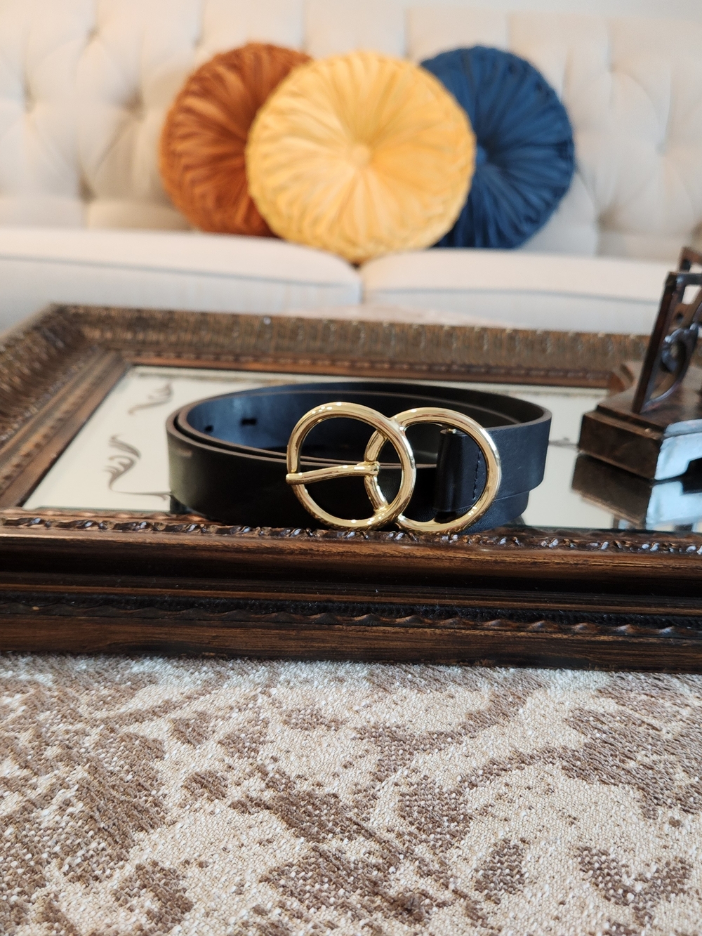 Classic Black Leather Belt with Gold Double-Ring Buckle